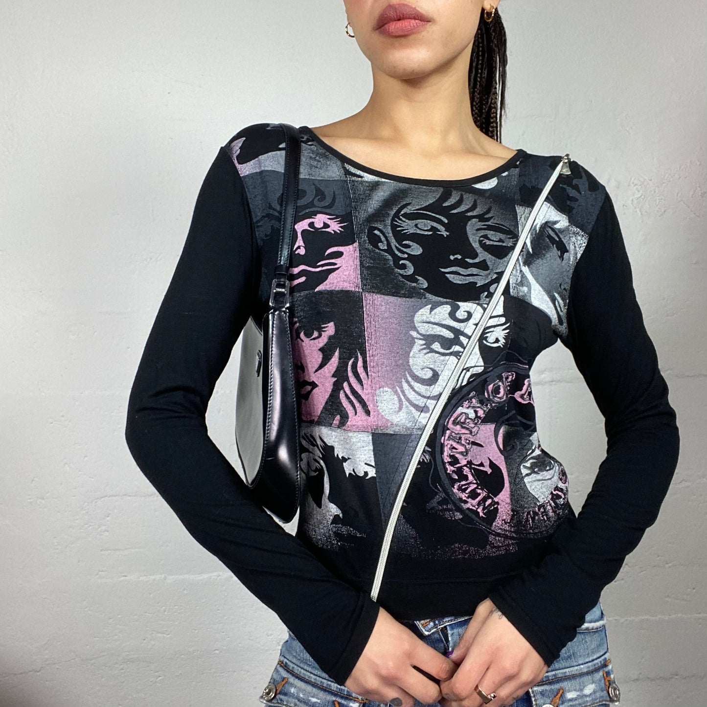 Vintage 2000's Girl Pop Black Longsleeve Top with Pink Womans Print and Crossed Zip Detail (S/M)