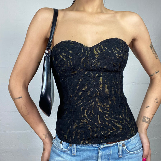 Vintage 2000's Clubwear Gold Bustier Top with Black Lace Covering Material  (S)