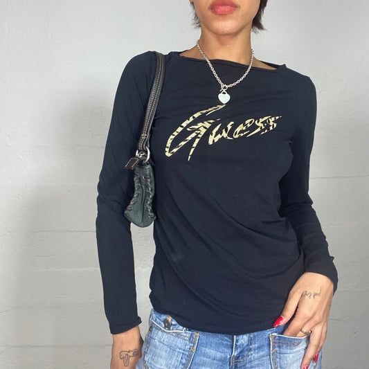 Vintage 90's Guess College Girl Black Longsleeve Top with Brand Name Tiger Print (S/M)