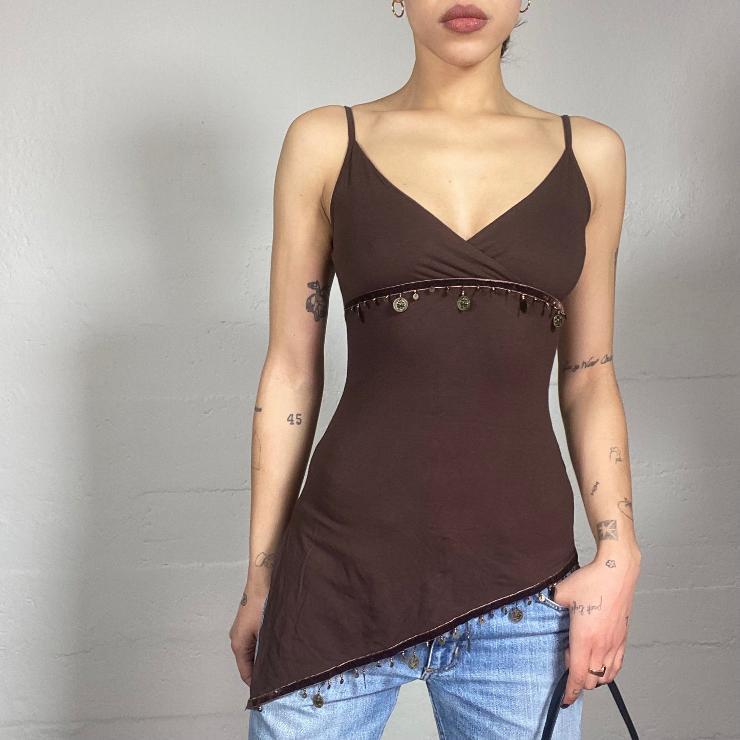 Vintage 90's Hippie Brown Asymmetric Cut Top with Coin Charms Detail (S)