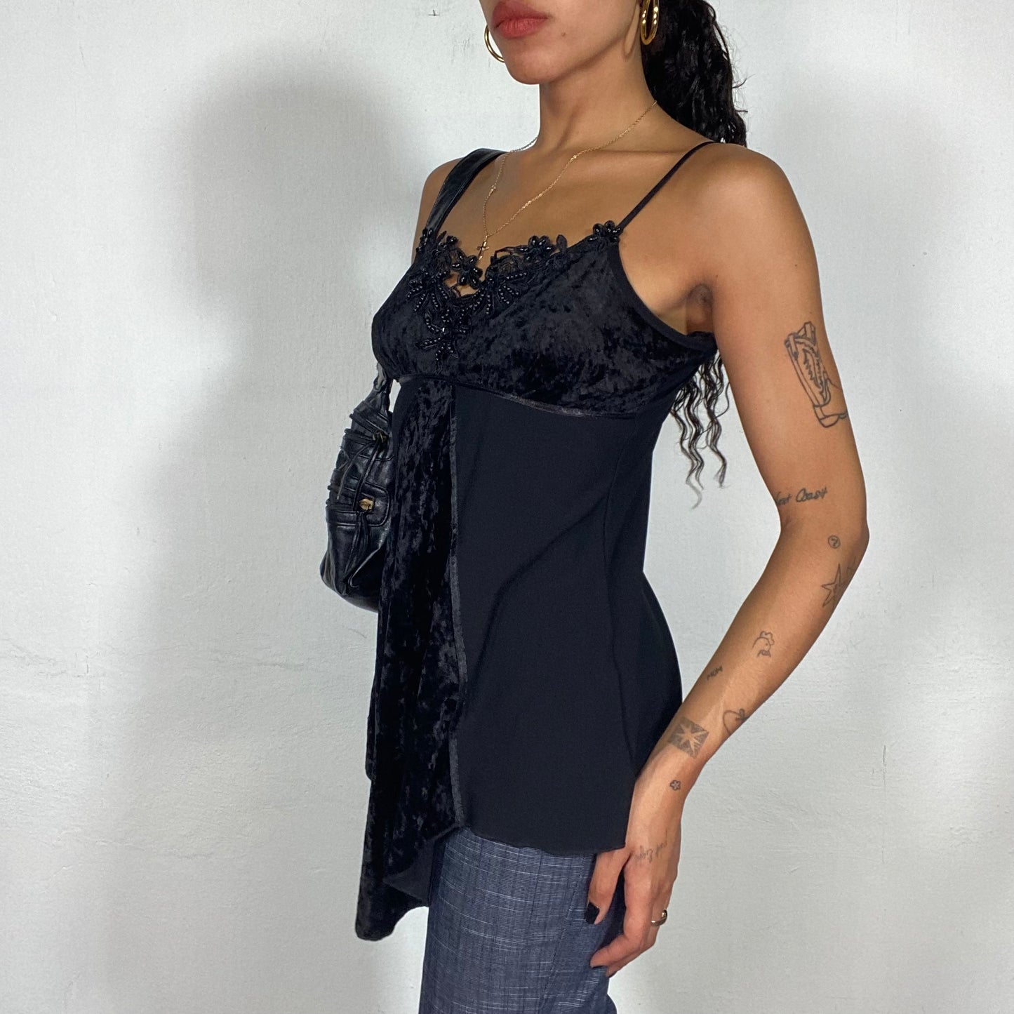 Vintage 2000's Clubwear Black Top with Velvet Draped Part and Floral Neck Detail (M)