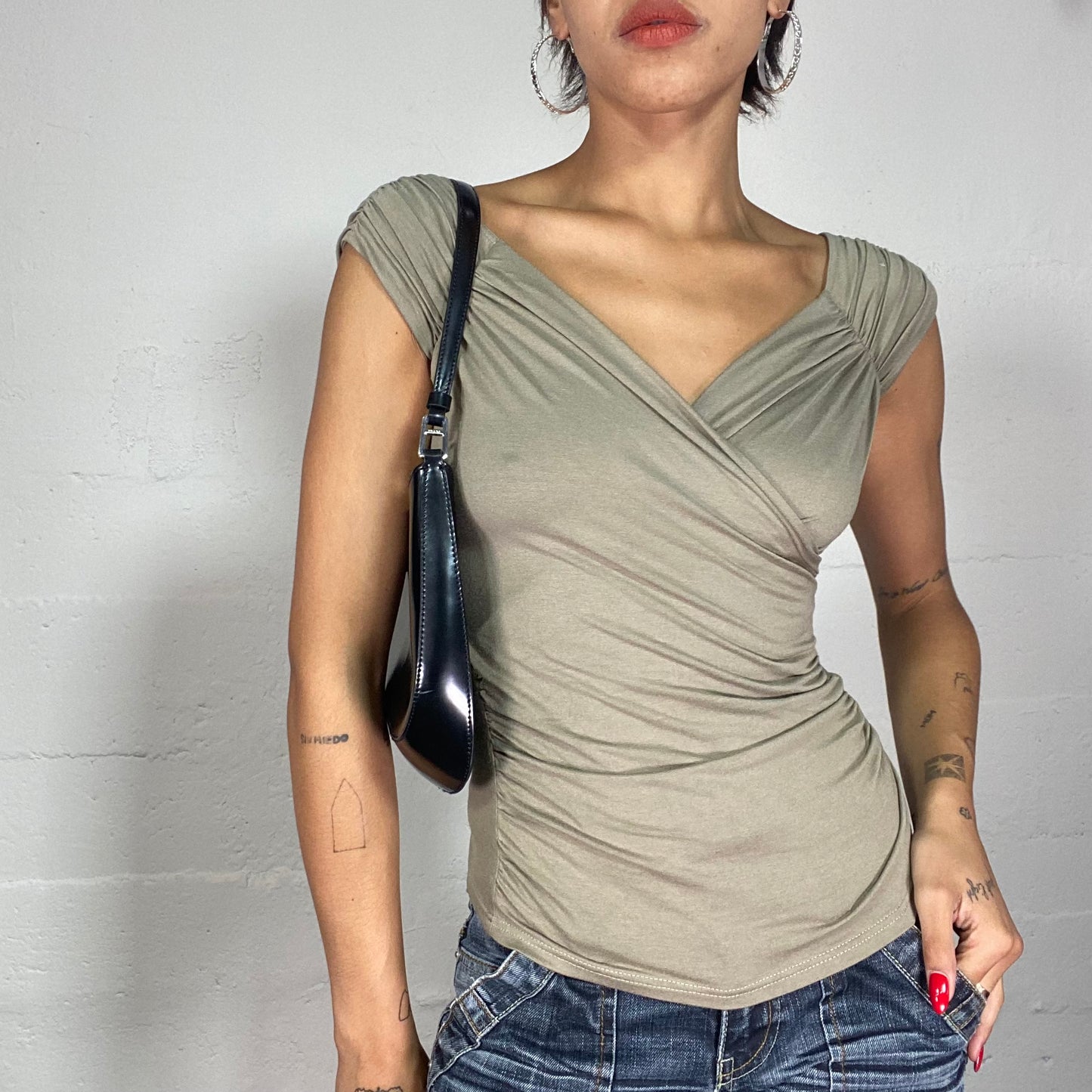 Vintage 2000's Downtown Girl Olive Green Top with Crossed Neck and Drapped Fall (XS)