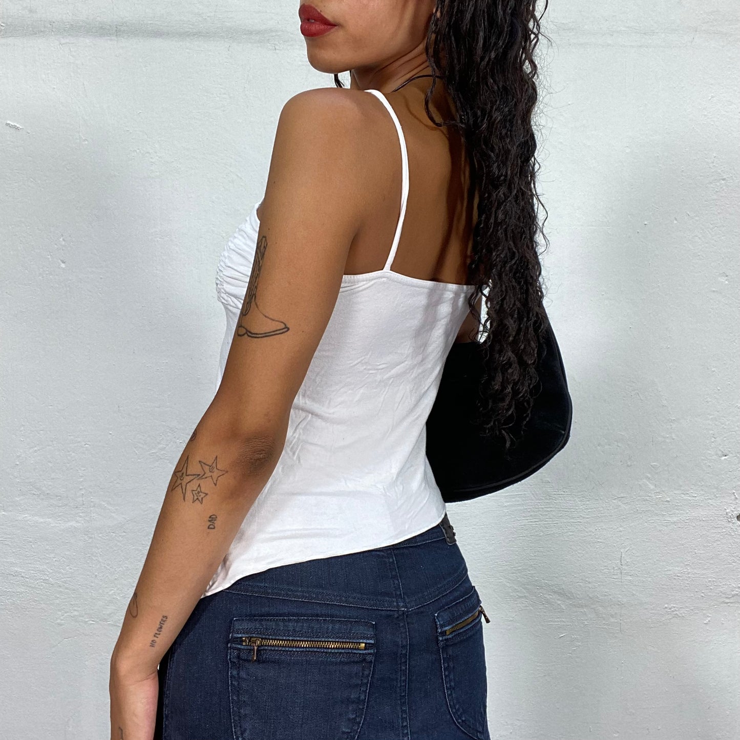 Vintage 2000's Model Off Duty White Cami Top with Asymmetric Cut and Scrunched Bust (S)