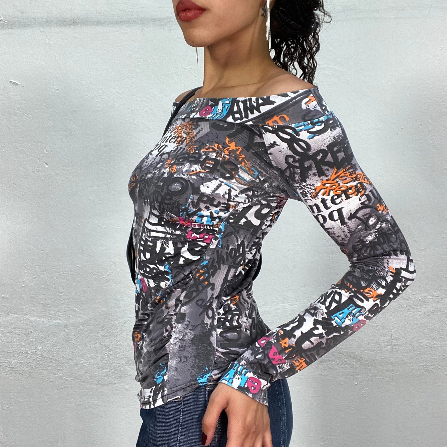 Vintage 90's Sleaze Grey Off Shoulder Longsleeve Top with Graffiti Print (S)