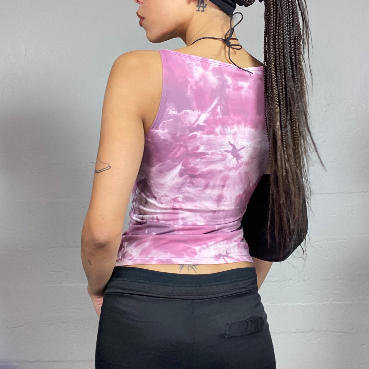 Vintage 2000's College Girl Pink Top with Purple Tie Dye Print (S)