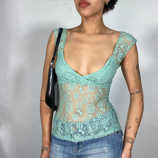 Vintage 2000's Coquette Turquoise Lace V-Neck Shirt (S)