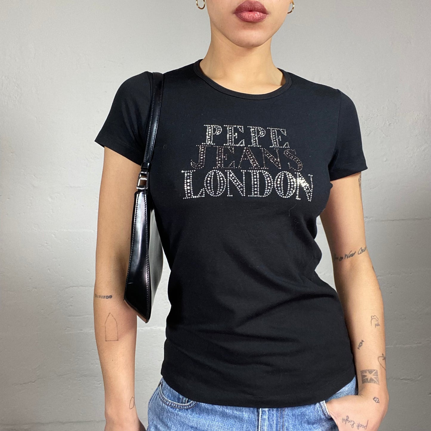 Vintage 2000's Pepe Jeans Black Top with Strass Brand "London" Print Detail (S)