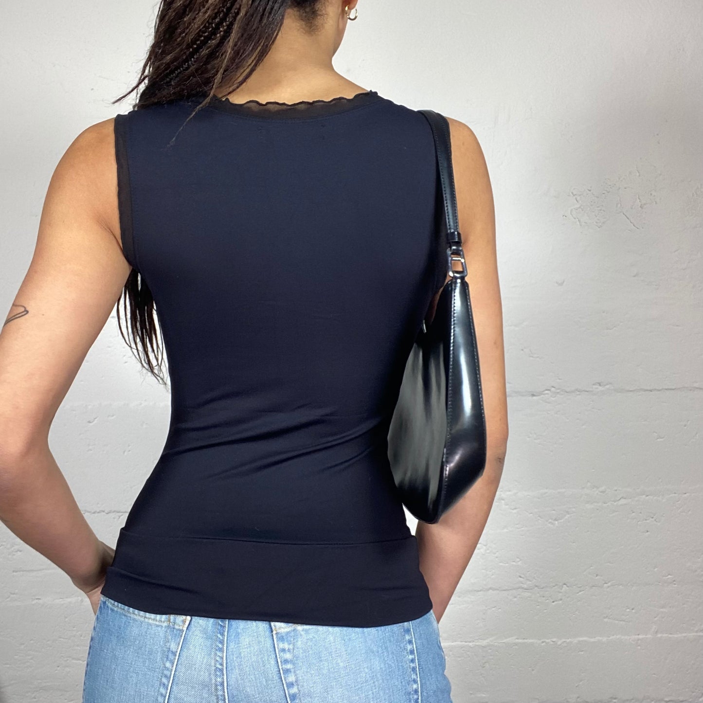 Vintage 2000's Romantic Black Wrapped Top with Mesh Neckline Lining  (S)