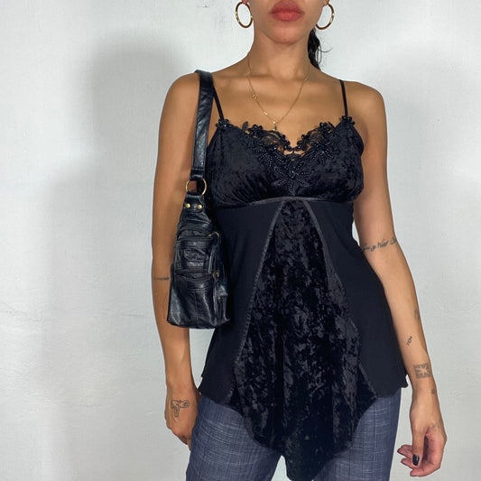 Vintage 2000's Clubwear Black Top with Velvet Draped Part and Floral Neck Detail (M)