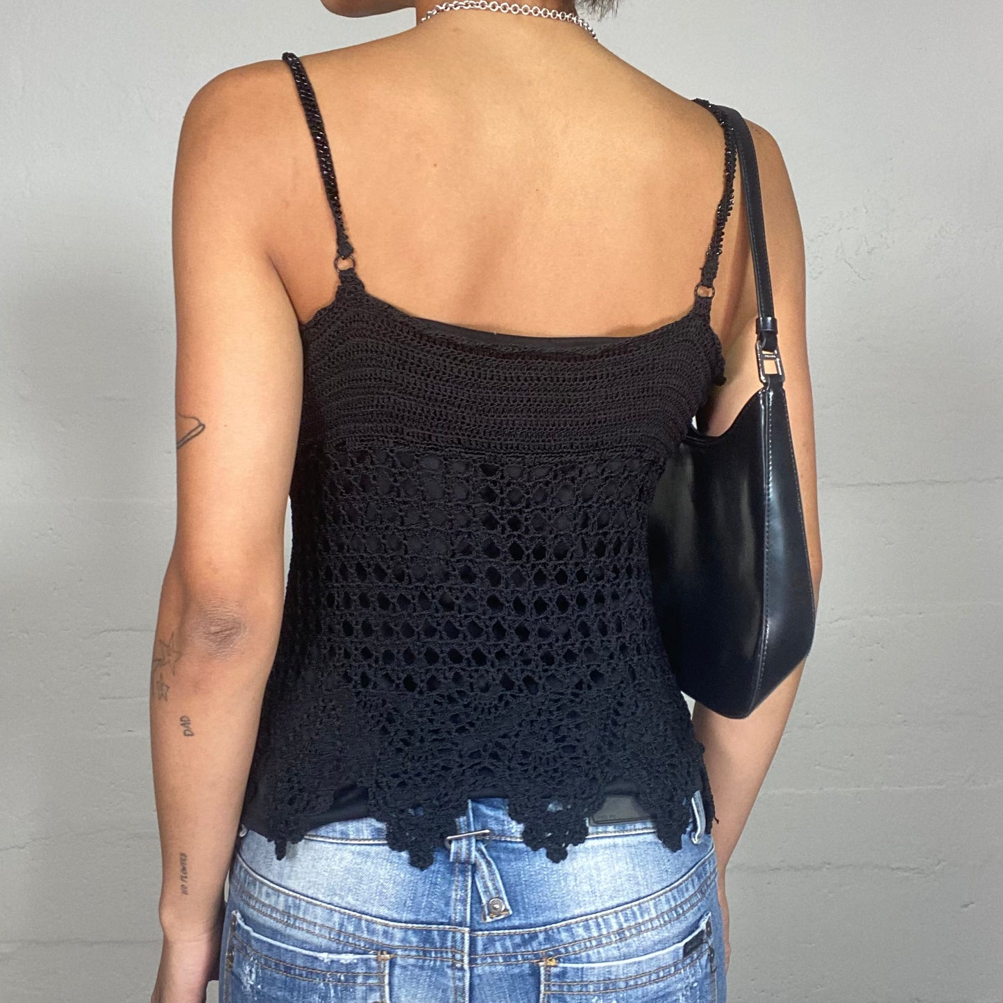 Vintage 2000's Rave Black Crochet Top with Sequins Material Detail (S)