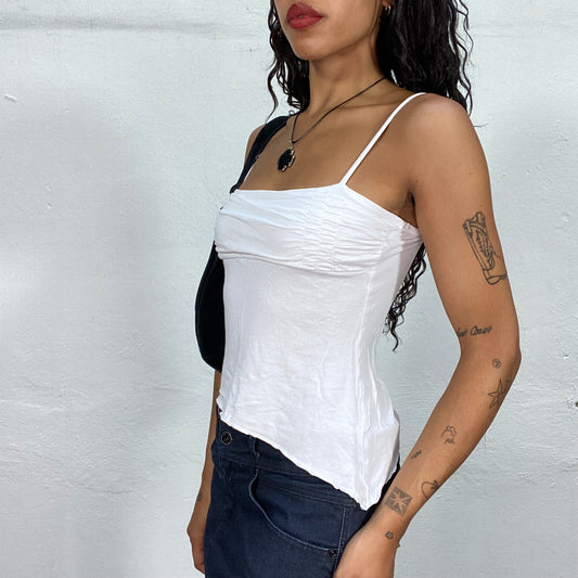 Vintage 2000's Model Off Duty White Cami Top with Asymmetric Cut and Scrunched Bust (S)