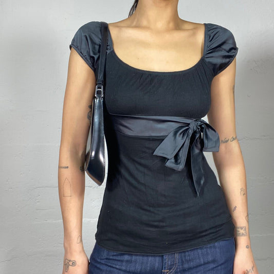 Vintage 2000's Soft Girl Black Top with Puffed Sleeves and Satin Maxi Ribbon Detail (S)