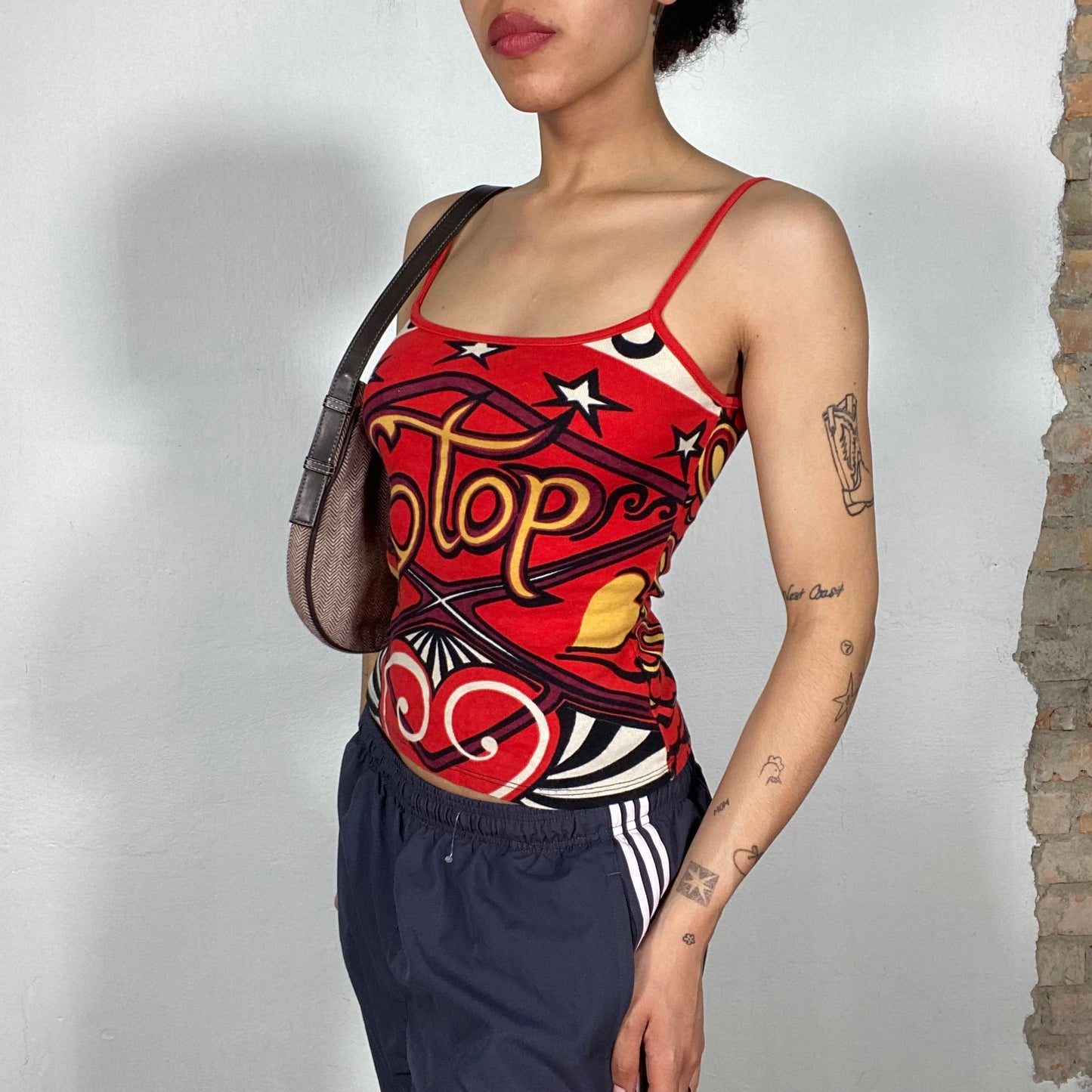 Vintage 2000's Funky Red Top with 'Stop' Print (S)