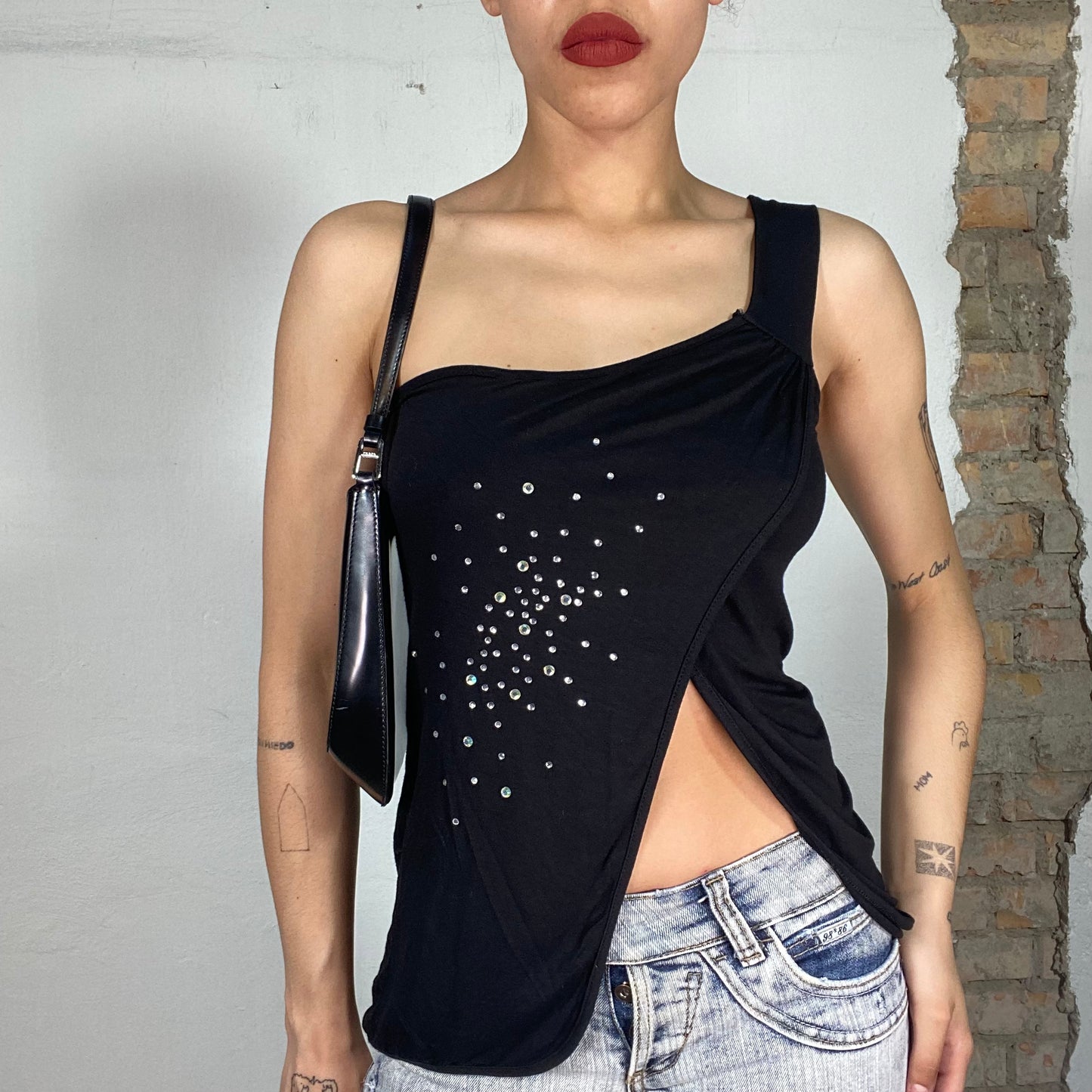 Vintage 2000's Downtown Girl Black Asymmetrical Top with Rhinestone Details (S)