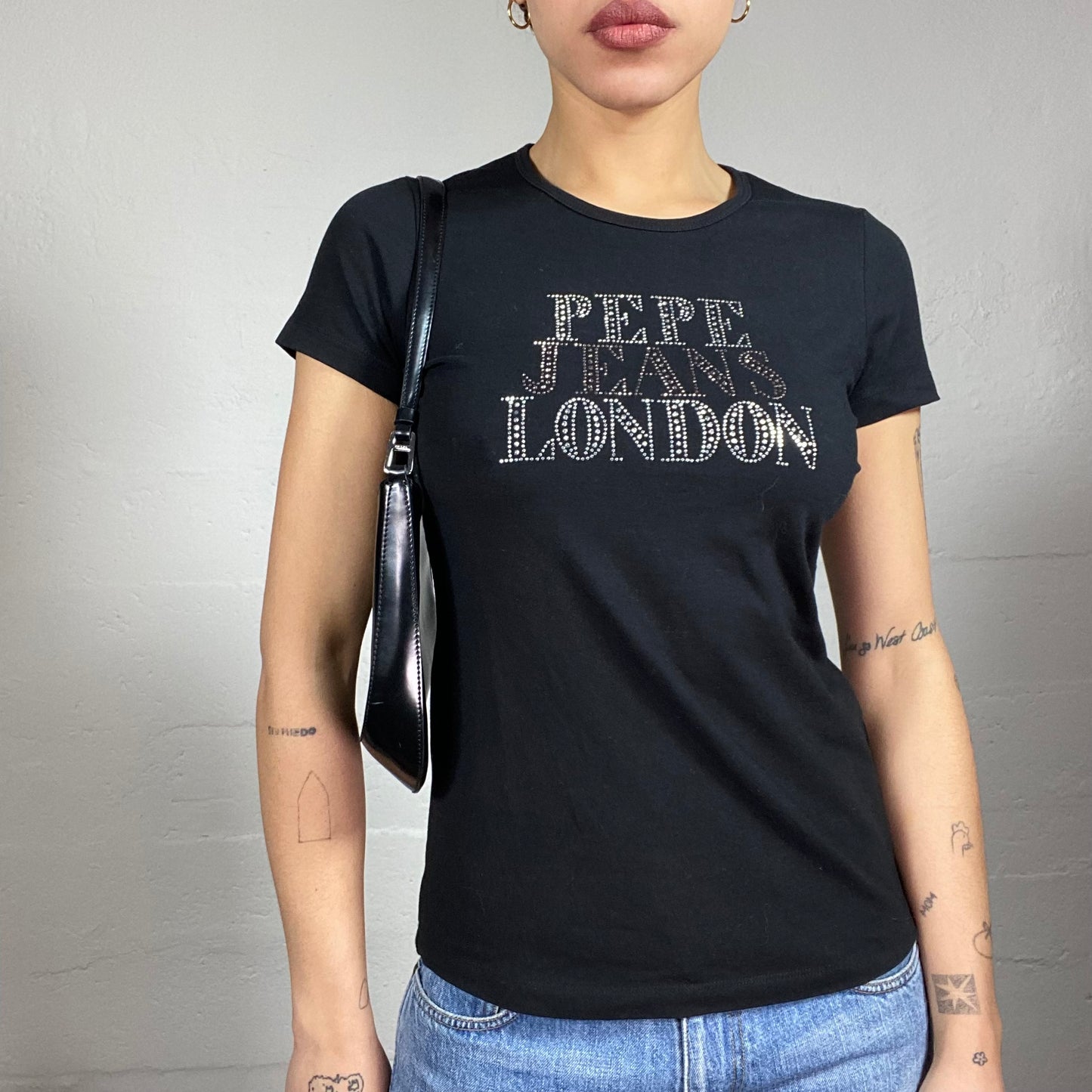 Vintage 2000's Pepe Jeans Black Top with Strass Brand "London" Print Detail (S)