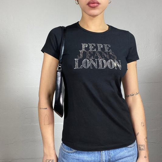 Vintage 2000's Pepe Jeans Black Top with Strass Brand "London" Print Detail (S)