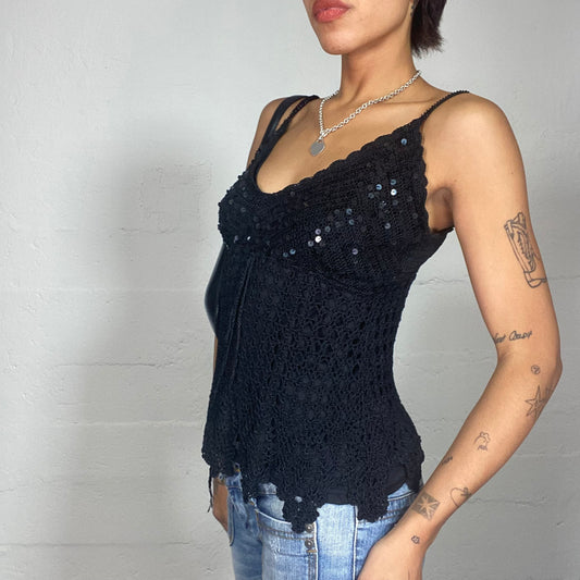 Vintage 2000's Rave Black Crochet Top with Sequins Material Detail (S)