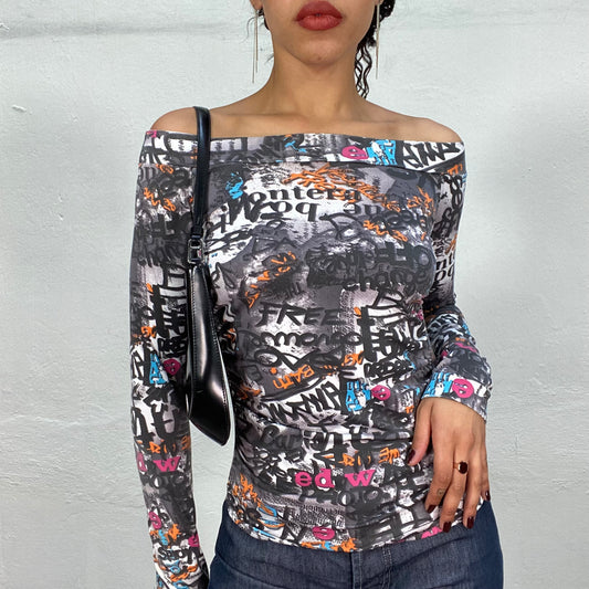 Vintage 90's Sleaze Grey Off Shoulder Longsleeve Top with Graffiti Print (S)