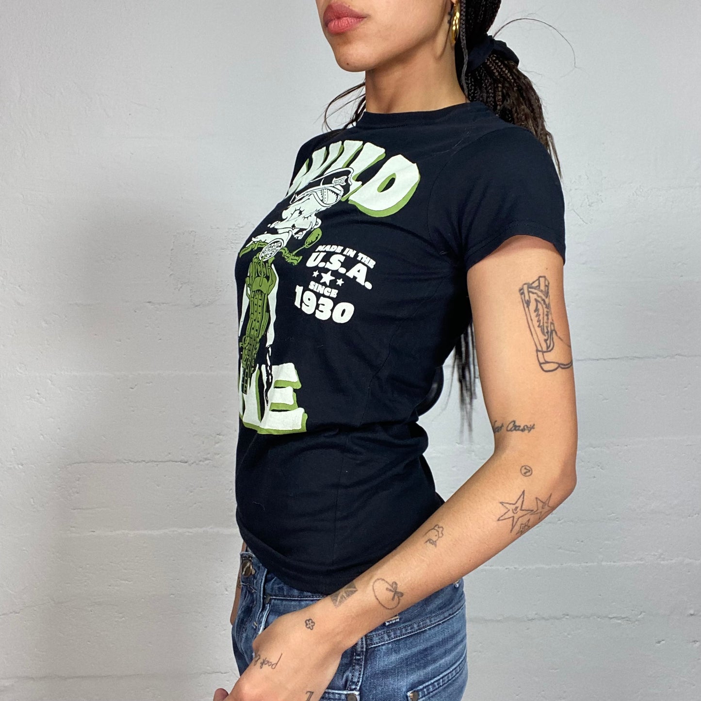 Vintage 2000's Sleaze Girl Black Top with Green Motorcycling Betty Boop Print (S/M)