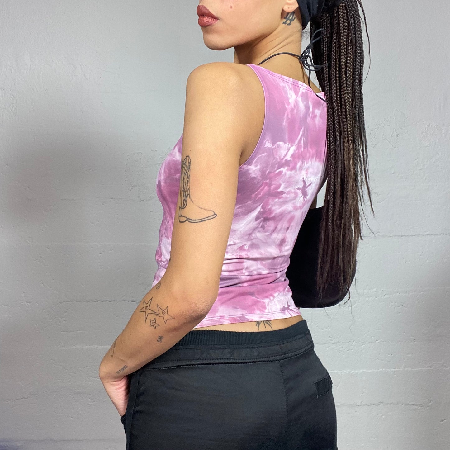 Vintage 2000's College Girl Pink Top with Purple Tie Dye Print (S)