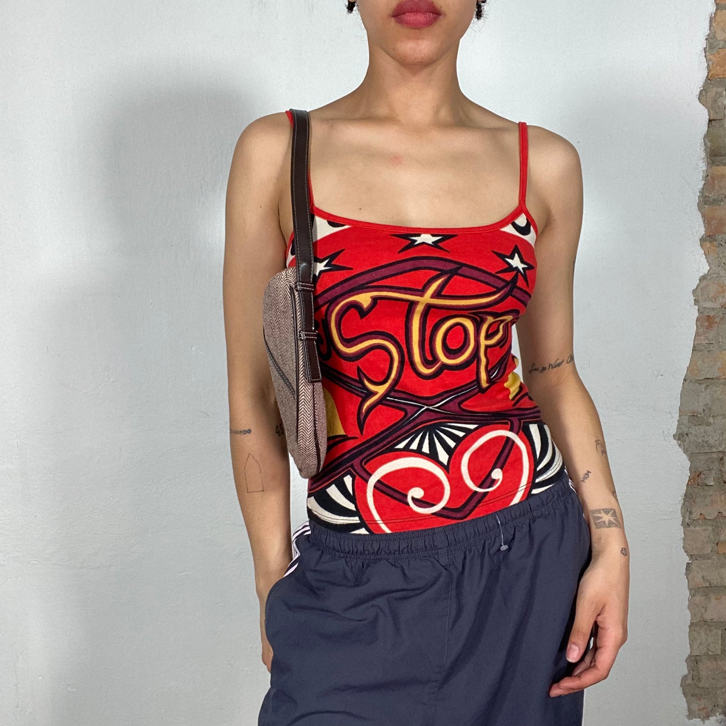 Vintage 2000's Funky Red Top with 'Stop' Print (S)