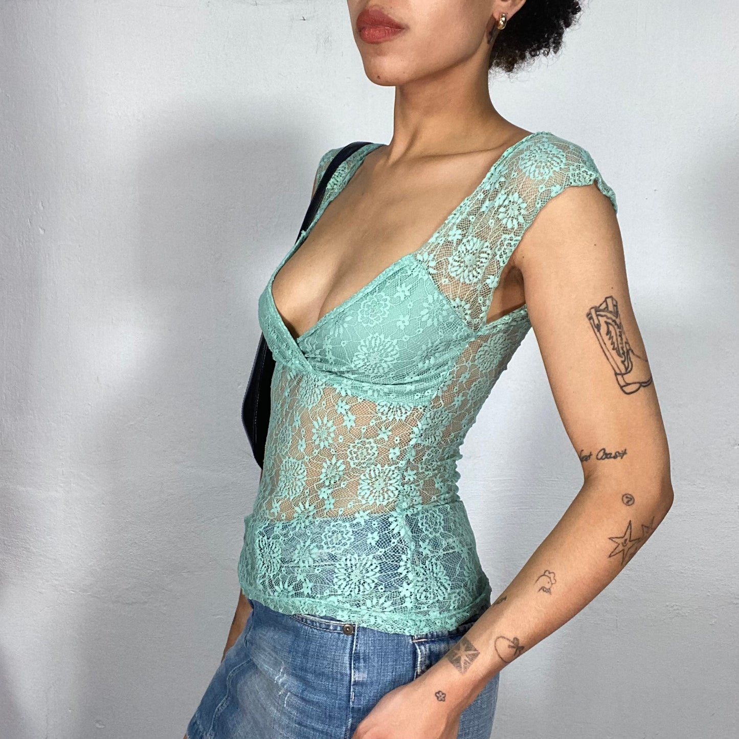 Vintage 2000's Coquette Turquoise Lace V-Neck Shirt (S)