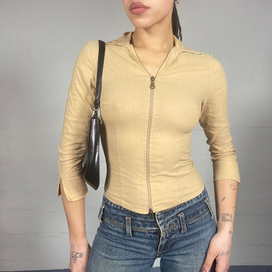 Vintage 2000's Mob Wife Brown Zip Up Longsleeve Shirt Top (S)
