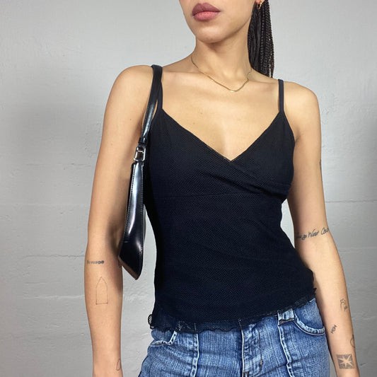 Vintage 90's Rave Fishnet Black Top with Crossed V-Neck (S)