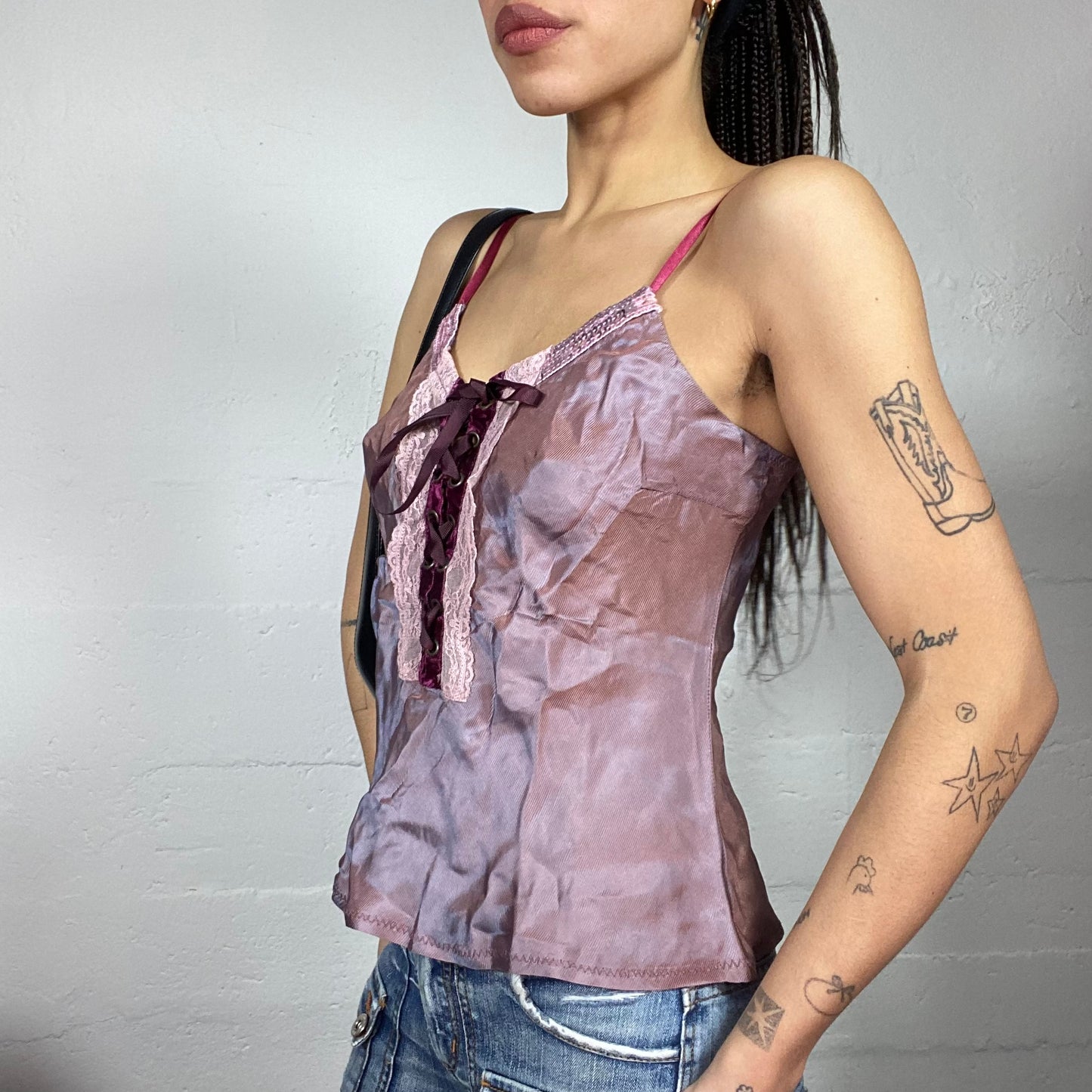 Vintage 90's Romantic Lavender Satin Top with Garnet Lace Up Detail (M)