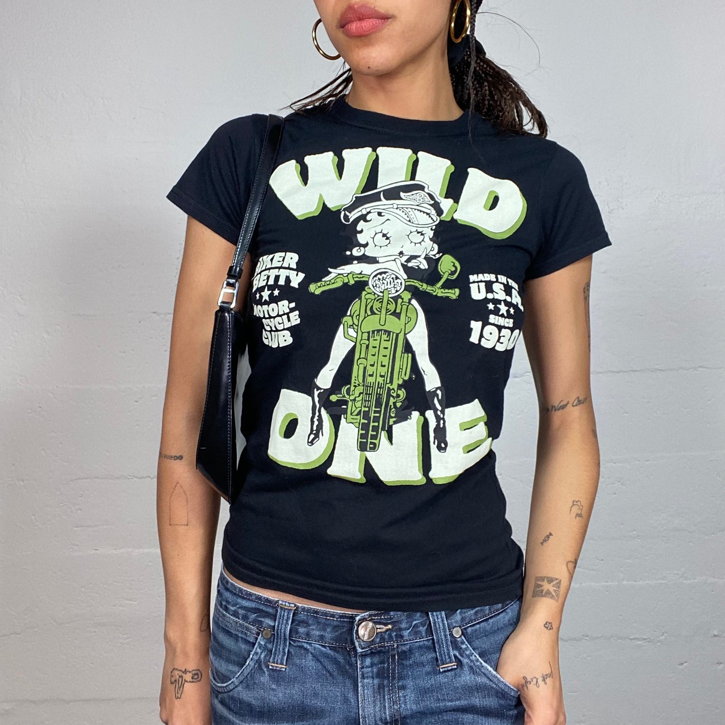 Vintage 2000's Sleaze Girl Black Top with Green Motorcycling Betty Boop Print (S/M)