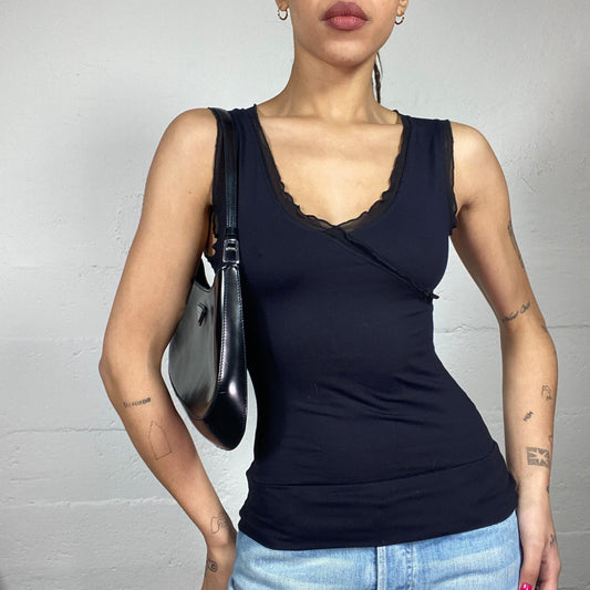 Vintage 2000's Romantic Black Wrapped Top with Mesh Neckline Lining (S)