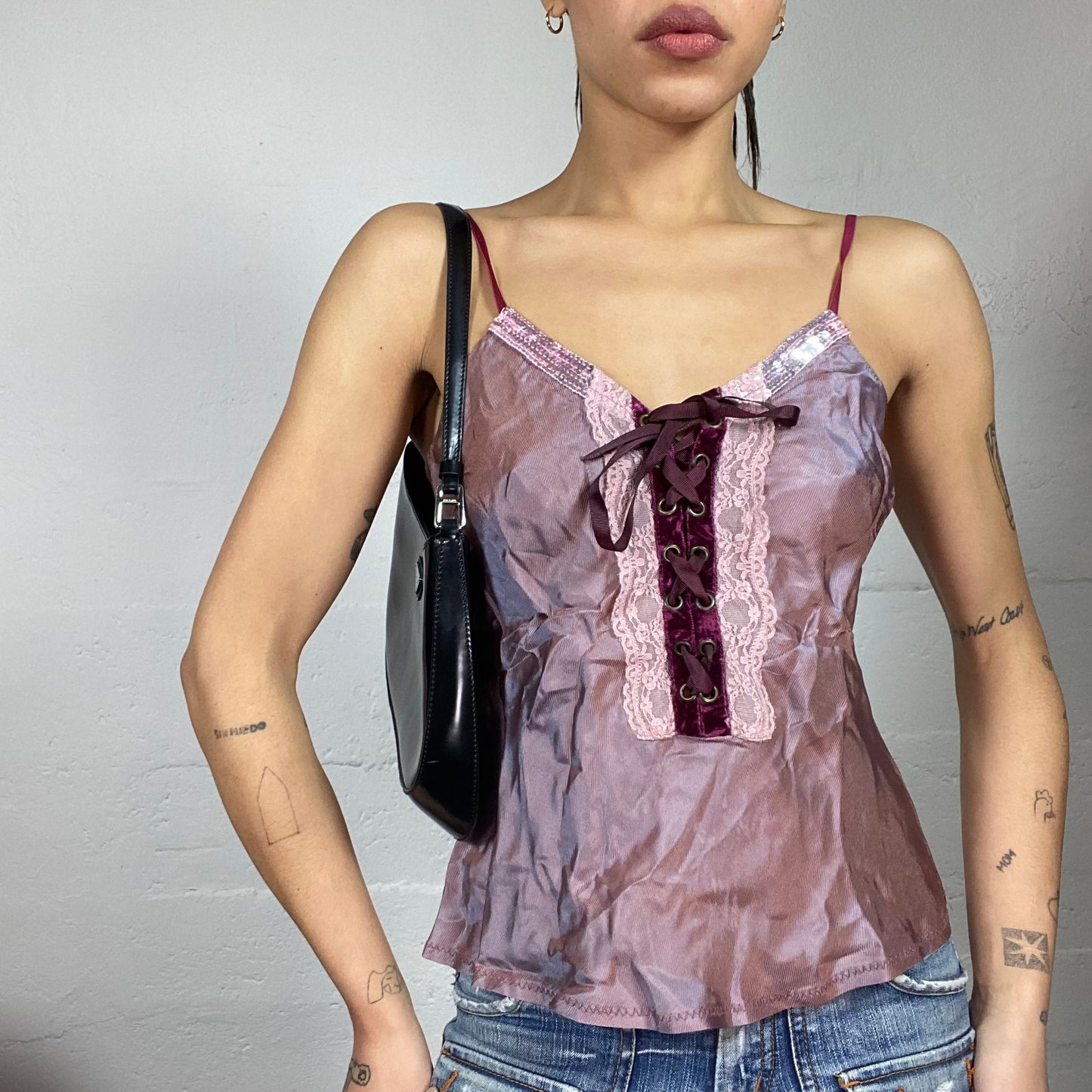 Vintage 90's Romantic Lavender Satin Top with Garnet Lace Up Detail (M)