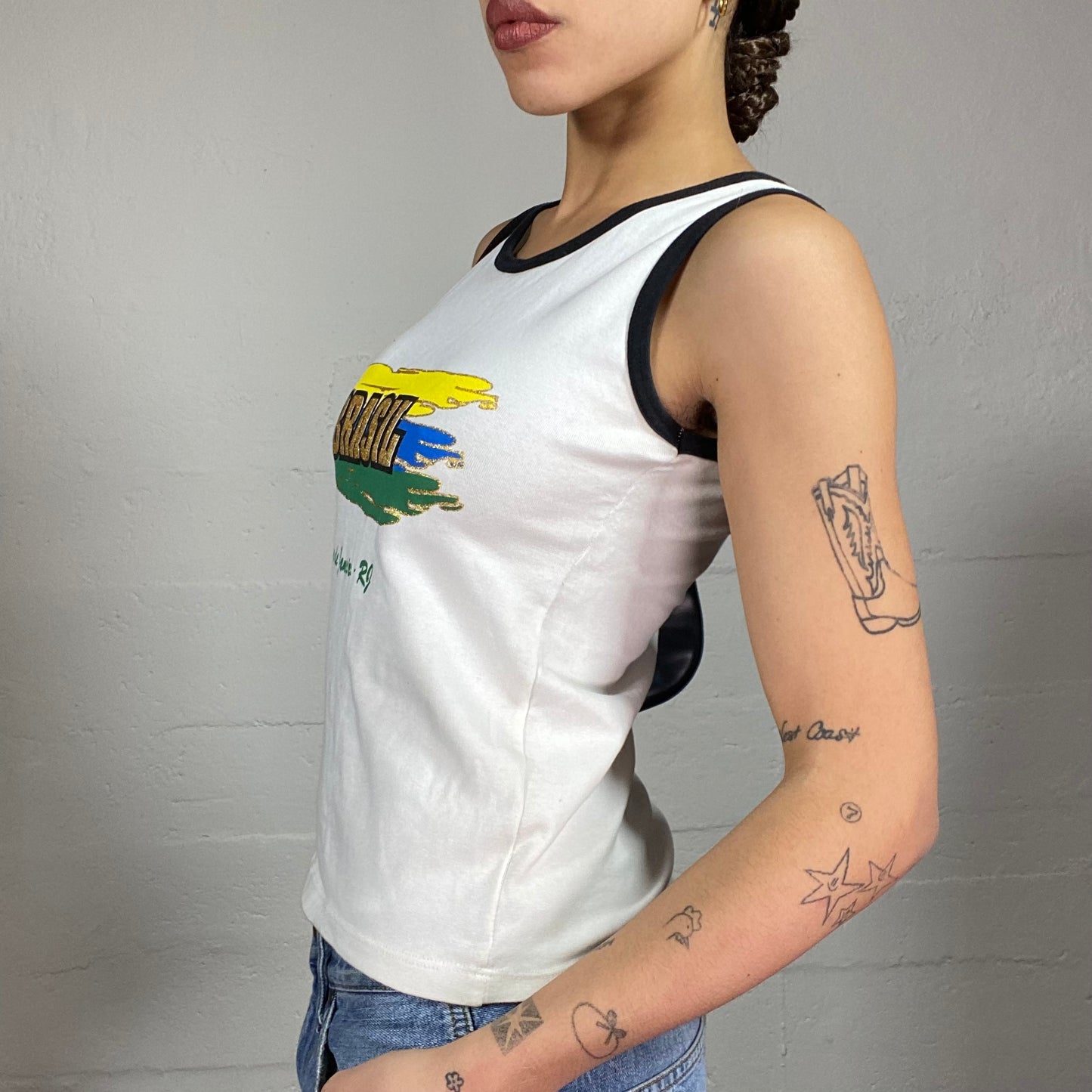 Vintage 2000's Sporty White Football Top with "Brasil" Print Flag (M)