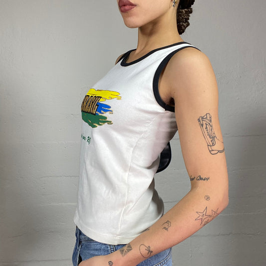 Vintage 2000's Sporty White Football Top with "Brasil" Print Flag (M)