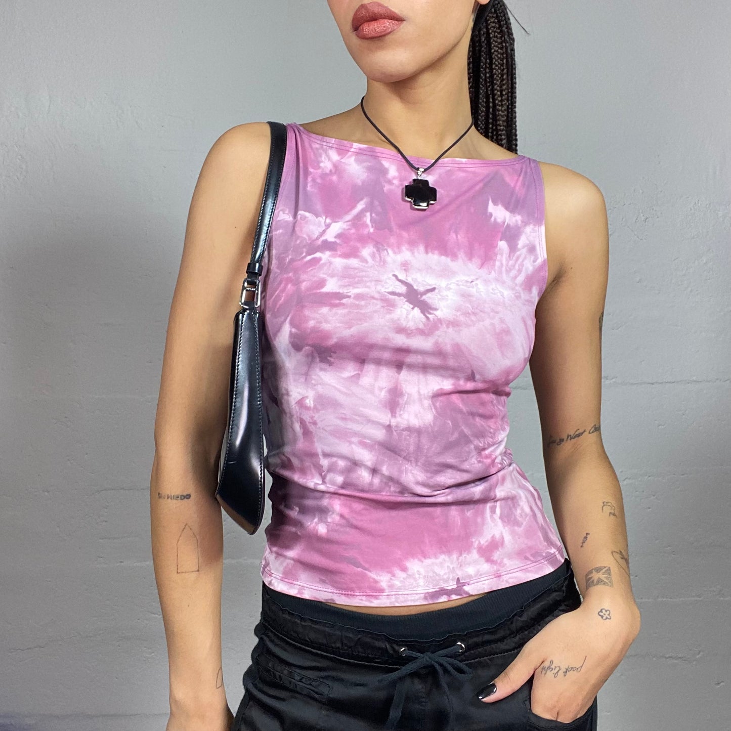 Vintage 2000's College Girl Pink Top with Purple Tie Dye Print (S)