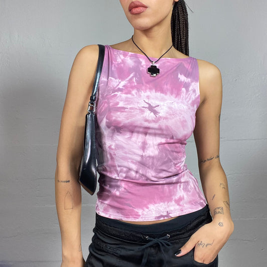 Vintage 2000's College Girl Pink Top with Purple Tie Dye Print (S)