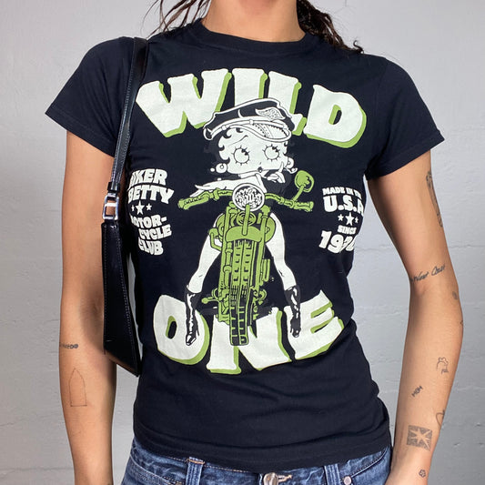 Vintage 2000's Sleaze Girl Black Top with Green Motorcycling Betty Boop Print (S/M)