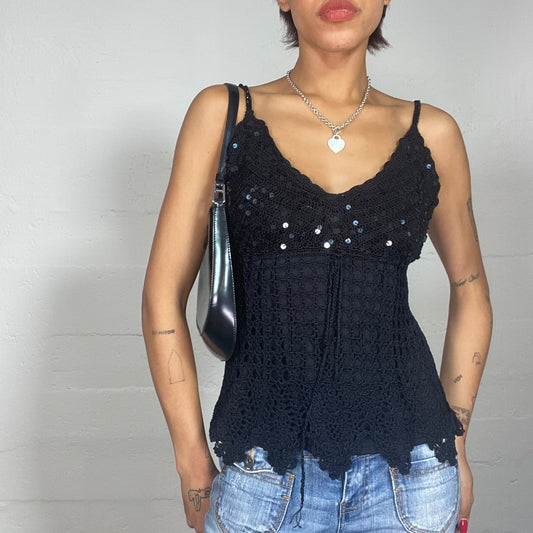 Vintage 2000's Rave Black Crochet Top with Sequins Material Detail (S)