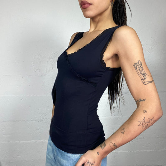 Vintage 2000's Romantic Black Wrapped Top with Mesh Neckline Lining  (S)
