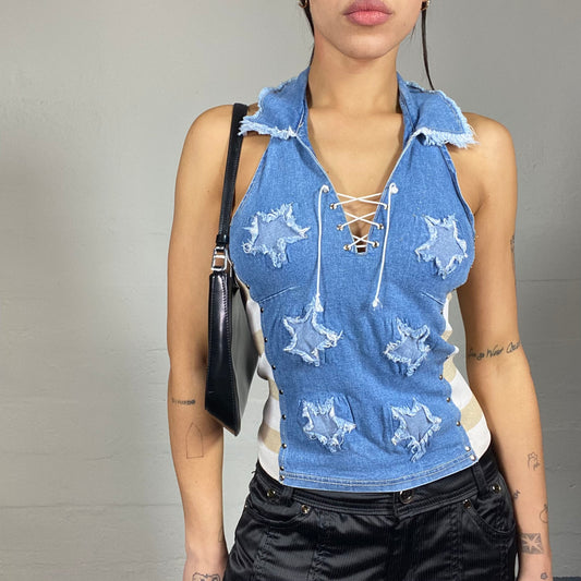 Vintage 2000's Americana Girl Denim Neckholder Top with Patched Stars Detail (S)