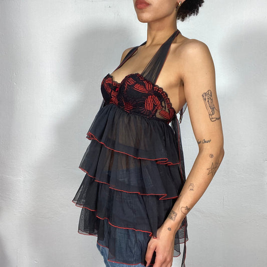 Vintage 2000's Ballet Black Cami Corset Dress Top with Red Embroidery Details (S)