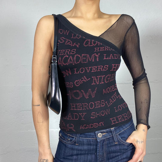 Vintage 2000's Rave Black One Shoulder Top with Red Monogram Print and Fishnet Longsleeve Detail (S)
