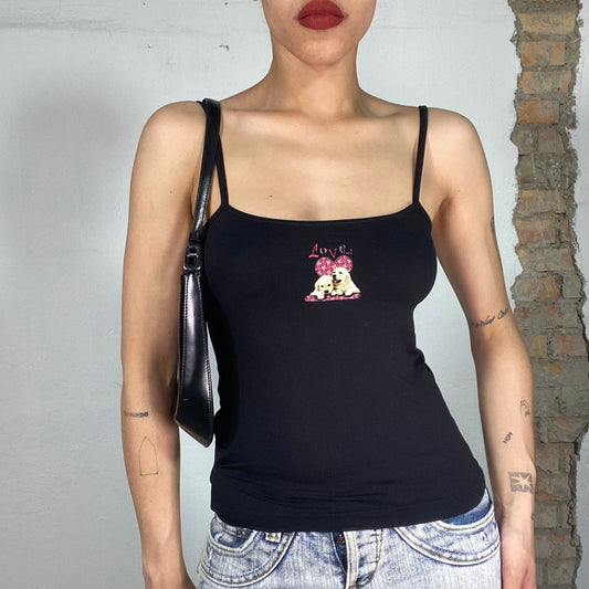 Vintage 2000's Downtown Girl Black Top with Small Puppy Print (S)