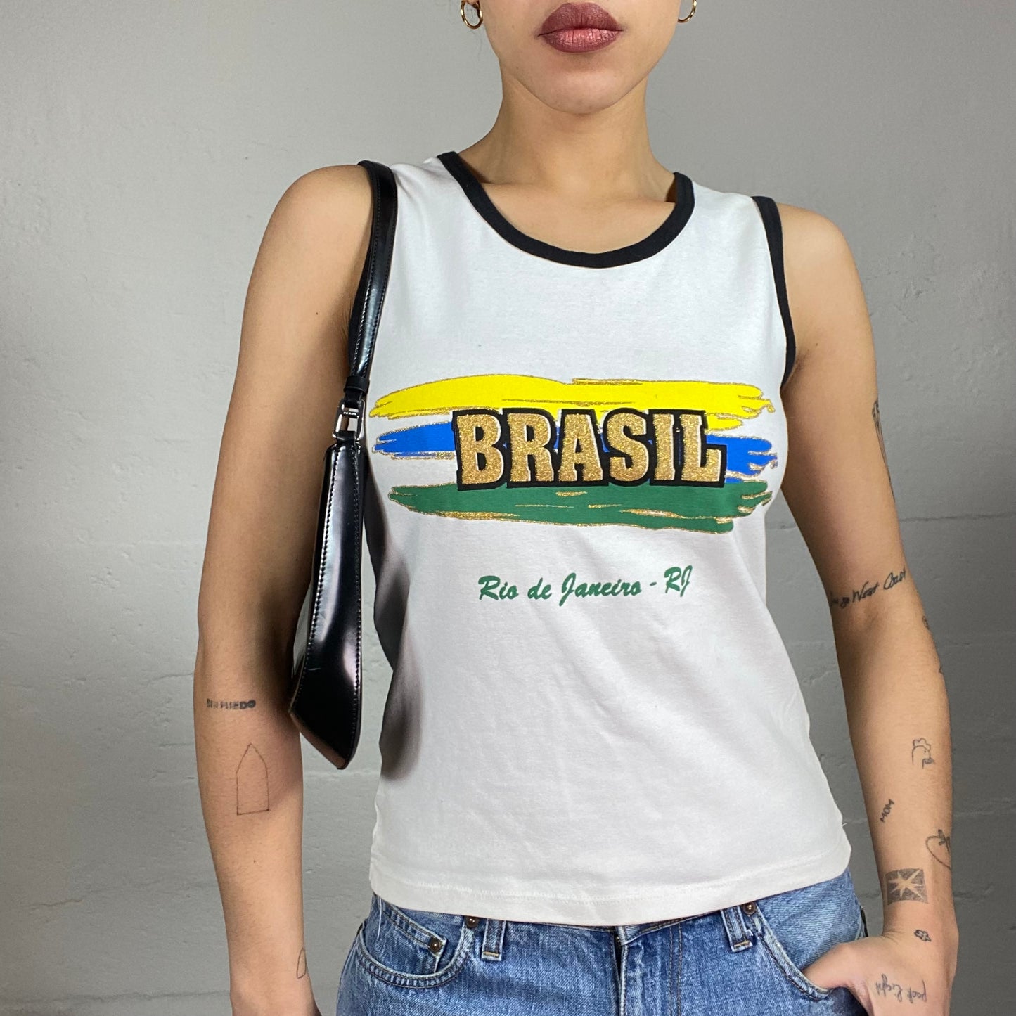 Vintage 2000's Sporty White Football Top with "Brasil" Print Flag (M)