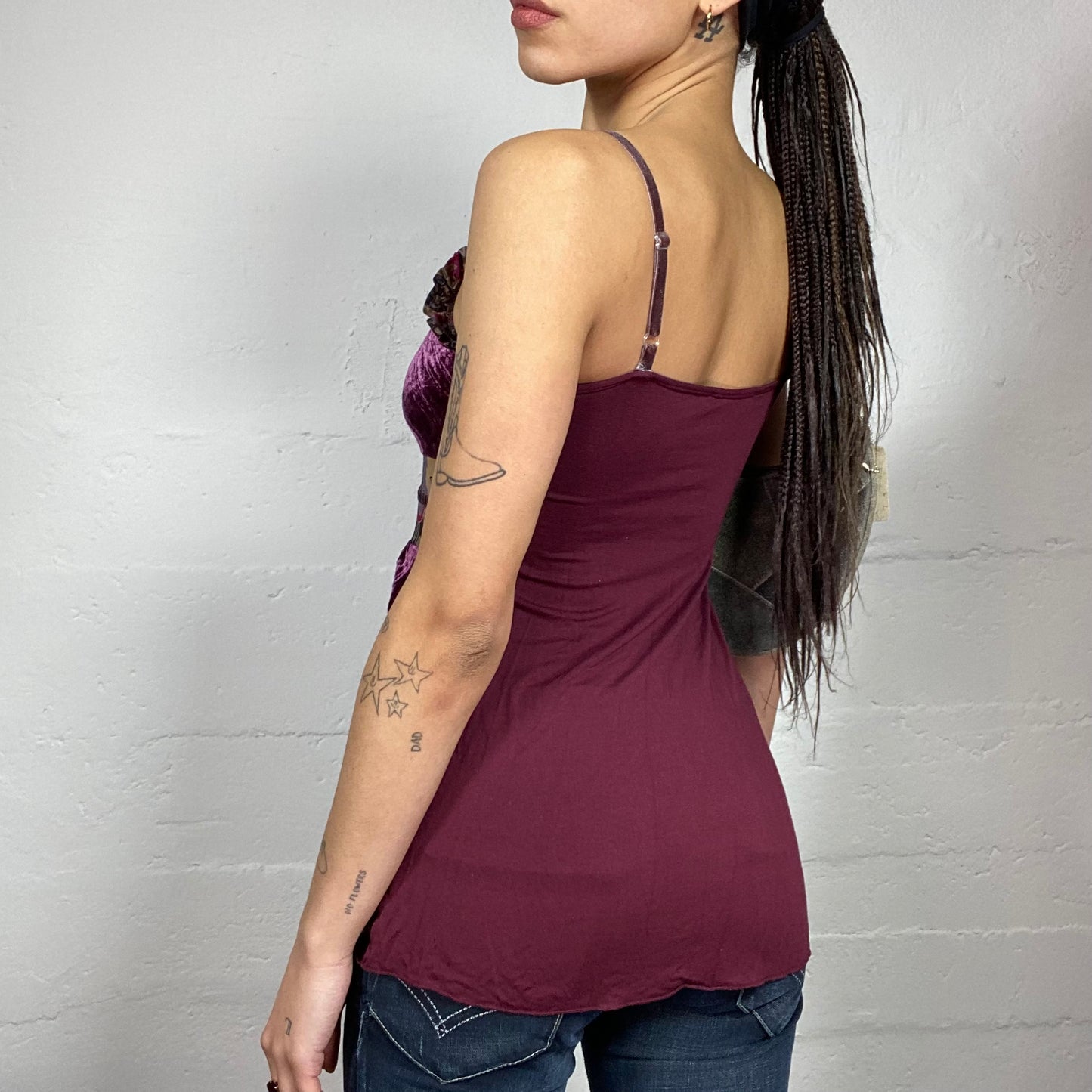Vintage 2000's Morgan Indie Purple Velvet Top with Floral Trim Print and Coins Beads Detail (S/M)