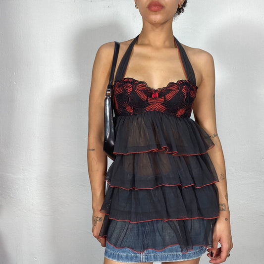 Vintage 2000's Ballet Black Cami Corset Dress Top with Red Embroidery Details (S)