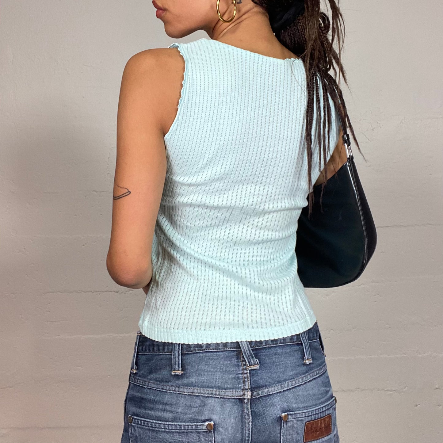 Vintage 2000's Babydoll Blue Ribbed Top with Lace Up Detail (S)