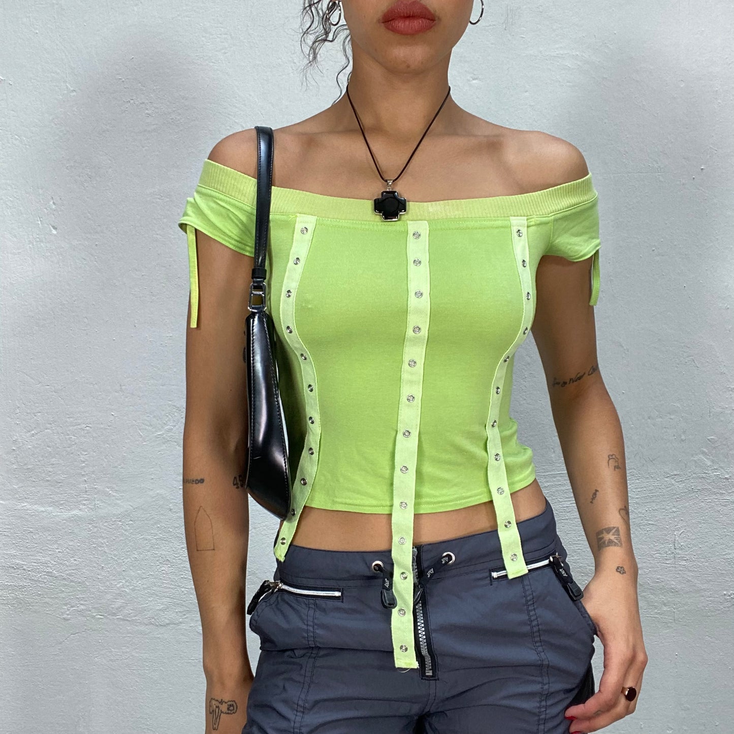 Vintage 2000's Funky Lime Green Off Shoulder Top with Eyelet Ribbon Details (XS)