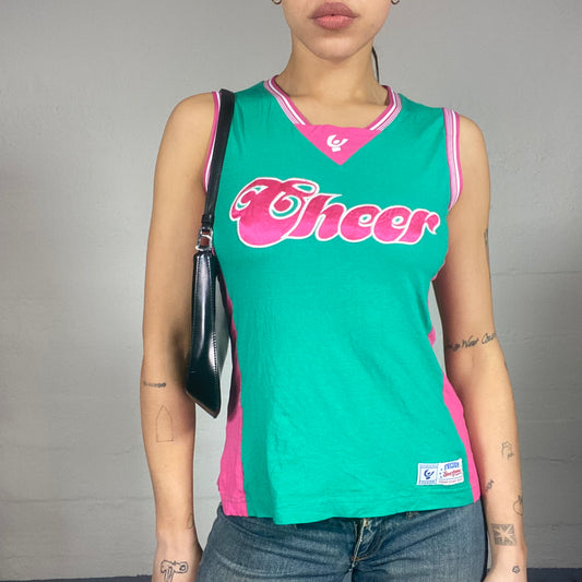 Vintage 2000's Sporty Green Top with Pink 'Cheer' Text Detail (S)