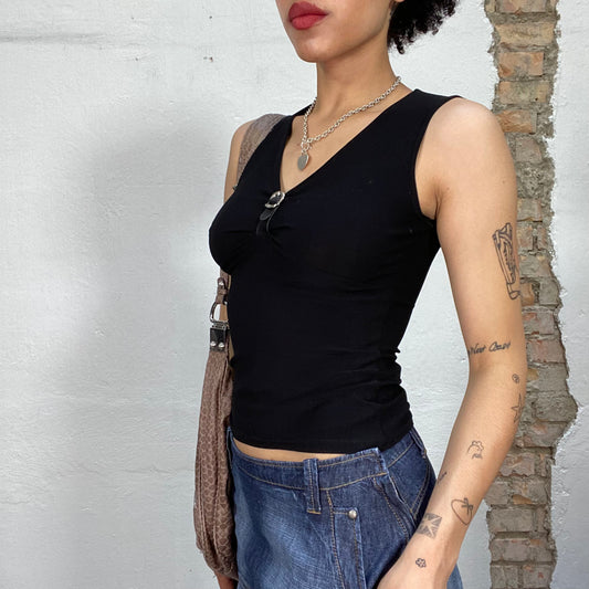 Vintage 90's Clubwear Black V-Neck Tank with Buckle Detail (S)